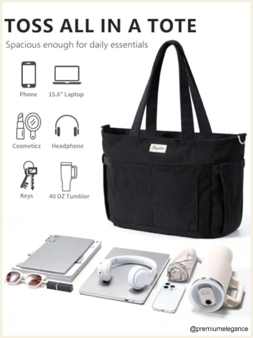 Corduroy Tote Bag with 17 Pockets, Fits 40oz Cup, Machine Washable
